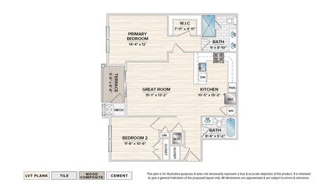 Floor plan for 2 beds, 2 baths, 1068 sqft